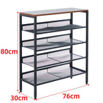5-Tier Industrial Shoe Rack with rustic wood top, black steel frame, and mesh shelves, perfect for organized storage.