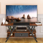 Modern Y-frame TV stand with open shelving and removable fabric drawer