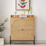 Rattan Flip-Top Shoe Cabinet with two drawers and decorative items on top.