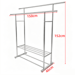 Double Rail Clothes Rack with Shoe Shelf in stainless steel, dimensions 150cm wide, 152cm tall, with shoe shelf.
