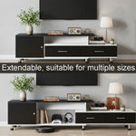 Black and white extendable TV stand shown at two lengths for different TV sizes