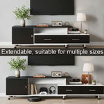 Black and white extendable TV stand shown at two lengths for different TV sizes