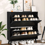 2-Door Flip Shoe Cabinet displaying shoes in a stylish black design with gold-tone accents for modern entryways.