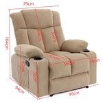 Corduroy Recliner Chair with Cup Holders dimensions displayed in cm for easy reference.