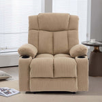 Corduroy Recliner Chair with Cup Holders in a modern living room setting, featuring plush fabric and a reclining mechanism.