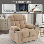 Corduroy Recliner Chair placed in stylish living room with cup holders and soft fabric.