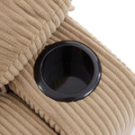 Close-up of cup holder in a Corduroy Recliner Chair, highlighting its convenient design and texture.
