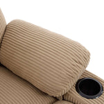 Close-up of a corduroy recliner chair pillow and cup holder, showcasing its soft texture and functional design.