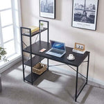Computer Desk with 4 shelves, modern student workstation in home office setting.