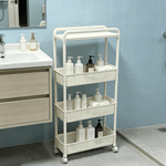 4-Tier Rolling Storage Cart with Wheels in modern bathroom, holding various bottles and skincare products.