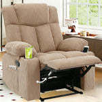 Corduroy Recliner Chair with cup holders in a cozy living room setting, showing its recline feature.