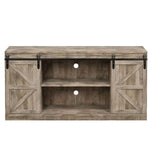 Farmhouse Sliding TV Stand featuring rustic wood design and sliding barn doors, ideal for stylish media storage.
