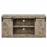 Farmhouse Sliding TV Stand featuring rustic wood design and sliding barn doors, ideal for stylish media storage.