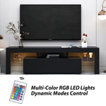 Black LED TV stand with multi-colour remote control and dynamic lighting modes