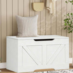 Rustic Wooden Storage bench in white with a striped cushion, perfect for organizing entryways or living rooms.