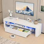 White LED media console with open drawer showing internal storage space