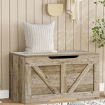 Rustic Wooden Storage bench with a cozy pillow, perfect for home organization and adding rustic charm to any space.