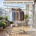 Double Rail Clothes Rack with Shoe Shelf – Stainless Steel, featuring dual hanging bars and lower shelf in modern outdoor setting.