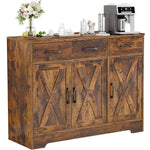 Farmhouse Buffet Sideboard with antique wood finish, featuring drawers and cabinets, styled as a home coffee station.