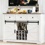 Farmhouse Wine Bar Cabinet with white finish and rustic wood top, featuring storage for wine bottles and a stylish design.
