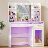 LED Vanity Desk with Charging Station & RGB Glass Top DR-17 showcasing cosmetics and elegant lighting.