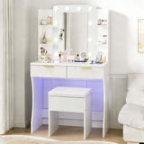 LED Dressing Table with Mirror featuring charging station and stool for a stylish vanity setup.