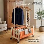 Steel Clothing Rack with a 160cm tall garment bar and organized bin for stylish home storage.