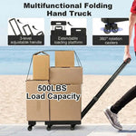 Foldable Hand Truck with boxes showing 3-level adjustable handle and 500lbs load capacity on a beach background.