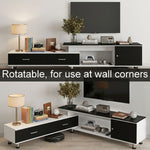 Rotatable extendable TV unit configured straight and around a living room corner