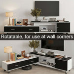 Rotatable extendable TV unit configured straight and around a living room corner