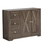 Farmhouse Sideboard Storage cabinet with three drawers and two doors in rustic brown finish.