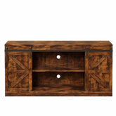 Farmhouse Sliding TV Stand with rustic wood finish and sliding barn doors, perfect for media storage and home decor.