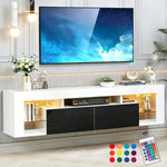 Modern Floating LED TV Stand elegantly displayed with a wall-mounted TV, featuring sleek design and ambient lighting.
