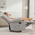 Woman relaxing in a Corduroy Recliner Chair with cup holders in a stylish living room.