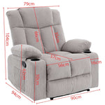 Corduroy Recliner Chair with Cup Holders dimensions and features, showcasing a cozy and stylish design.