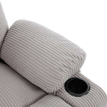 Close-up of the soft corduroy recliner chair with cup holders, highlighting the textured fabric and comfort.