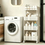 4-Tier Rolling Storage Cart next to a washing machine, ideal for organizing laundry essentials.