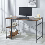 Rustic brown office desk with monitor and two-tier storage shelves viewed from the front