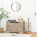 Rustic Wooden Storage bench in a stylish entryway setting with a mirror and decor, perfect for organization and storage.