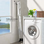 Foldable Clothes Rail in folded position beside washing machine, showcasing its space-saving design and dimensions.