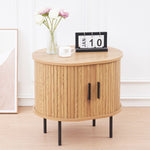 Sturdy metal legs on round side table with storage and wood finish