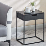 black steel frame nightstand with drawer and minimalist bedside design