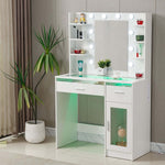 LED Vanity Desk with Charging Station & RGB Glass Top, modern makeup station with illuminated mirror and storage.