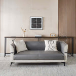 Narrow Sofa Table with Charging Station positioned behind a modern sofa in a stylish living room setting.