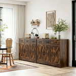 Farmhouse Buffet Sideboard featuring a rustic design in a modern dining space with decorative accents.