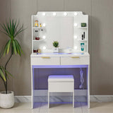 LED Dressing Table with Mirror featuring a charging station, stylish stool, and illuminated vanity design.