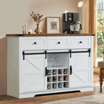 Farmhouse Wine Bar Cabinet featuring a rustic wood top, white finish, wine storage, and coffee station setup.