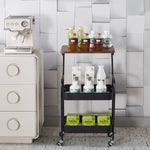 3-Tier Rolling Storage Cart with Wood Top displaying bottles on a modern kitchen backdrop.