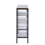 5-Tier Industrial Shoe Rack with rustic wood top and mesh shelves for shoe storage.
