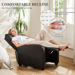 Woman relaxing in an adjustable manual recliner, highlighting features like high-quality cotton and sponge.